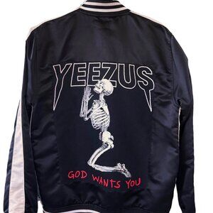 Black Satin Bomber Varsity Jacket reworked Yeezus Skeleton T-shirt on back Sz M